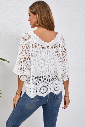 Women's Crochet Tops Boho Hollow Out V-Neck Pullover Lace Cove Up in Saudi Arabia