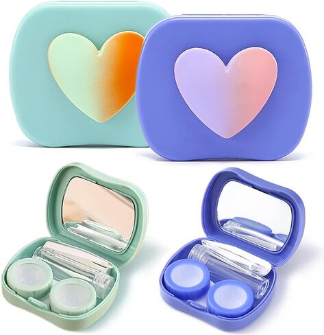 Cute Contact Lens Case Kit, 2 Pack Portable Contact Box Contacts Container Soak Storage Kit with Mirror Tweezers Remover Tool Solution Bottle (Blue-Green) in Saudi Arabia
