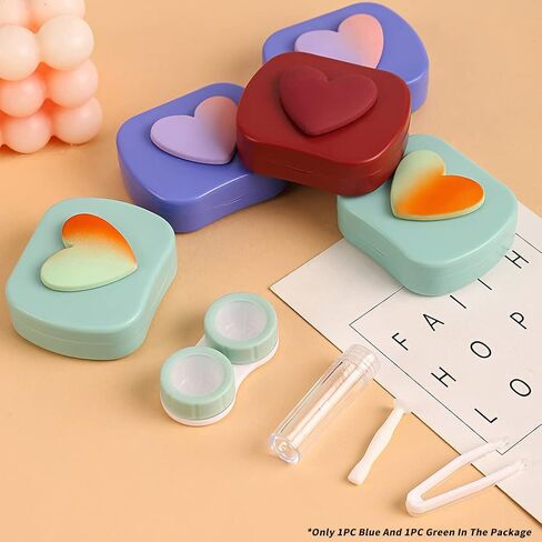 Cute Contact Lens Case Kit, 2 Pack Portable Contact Box Contacts Container Soak Storage Kit with Mirror Tweezers Remover Tool Solution Bottle (Blue-Green) in Saudi Arabia