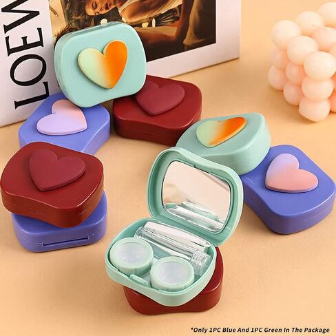 Cute Contact Lens Case Kit, 2 Pack Portable Contact Box Contacts Container Soak Storage Kit with Mirror Tweezers Remover Tool Solution Bottle (Blue-Green) in Saudi Arabia