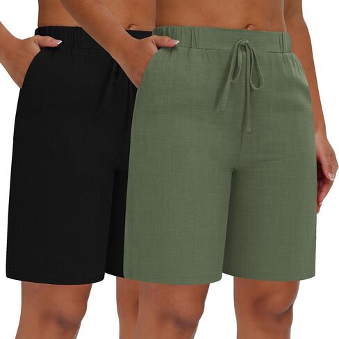 Neer 2 Pack Women Linen Bermuda Shorts مرنة الخصر الساق الواسعة الساق القيعان الصيفية غير الرسمية مع جيوب in Kuwait
