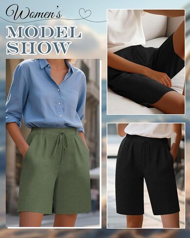 Neer 2 Pack Women Linen Bermuda Shorts مرنة الخصر الساق الواسعة الساق القيعان الصيفية غير الرسمية مع جيوب in Kuwait