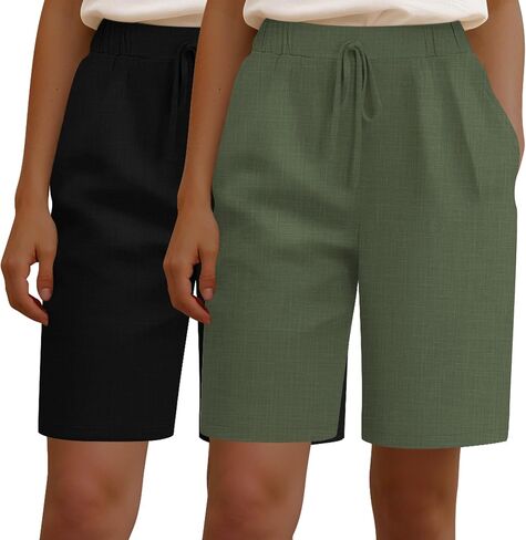 Neer 2 Pack Women Linen Bermuda Shorts مرنة الخصر الساق الواسعة الساق القيعان الصيفية غير الرسمية مع جيوب in Kuwait