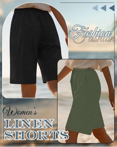 Neer 2 Pack Women Linen Bermuda Shorts مرنة الخصر الساق الواسعة الساق القيعان الصيفية غير الرسمية مع جيوب in Kuwait