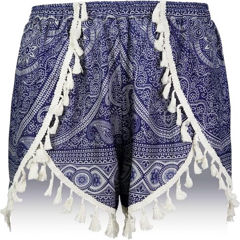 Atiya Harem Shorts for Women, Casual Beach Shorts, 100% Rayon, Floral and Elephant with Tassel Trim, Boho Hippie Summer in Saudi Arabia