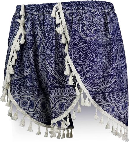 Atiya Harem Shorts for Women, Casual Beach Shorts, 100% Rayon, Floral and Elephant with Tassel Trim, Boho Hippie Summer in Saudi Arabia
