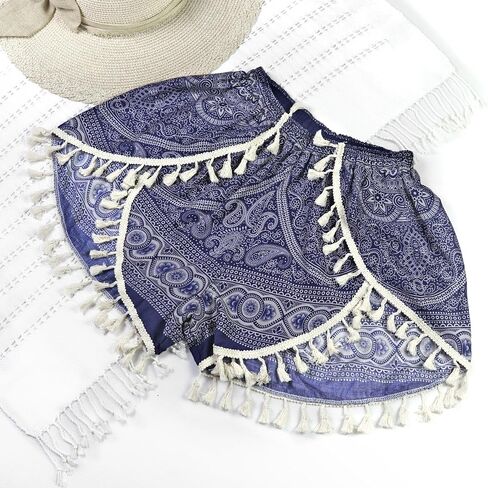 Atiya Harem Shorts for Women, Casual Beach Shorts, 100% Rayon, Floral and Elephant with Tassel Trim, Boho Hippie Summer in Saudi Arabia