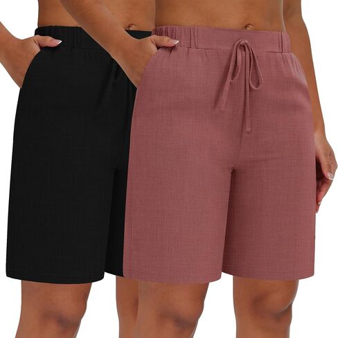 Neer 2 Pack Women Linen Bermuda Shorts مرنة الخصر الساق الواسعة الساق القيعان الصيفية غير الرسمية مع جيوب in Kuwait