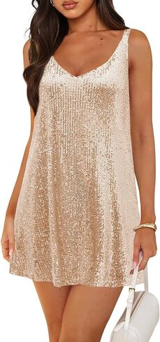 Women's Sequin Dress for Women Sparkly Glitter V Neck Shift Cocktail Disco Outfit Party Club Night Out Mini Dresses in Saudi Arabia