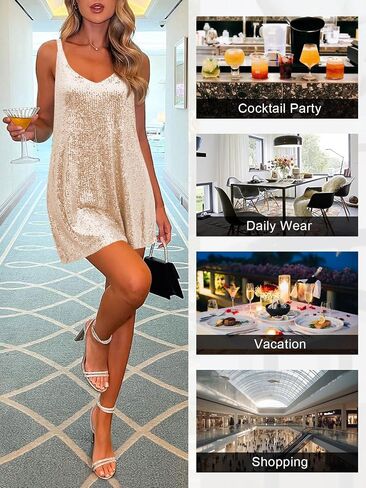 Women's Sequin Dress for Women Sparkly Glitter V Neck Shift Cocktail Disco Outfit Party Club Night Out Mini Dresses in Saudi Arabia