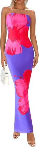 PRETTYGARDEN Strapless Bodycon Summer Dresses for Women 2025 Floral Mesh Tube Top Long Party Cocktail Dress Slit Side in Saudi Arabia