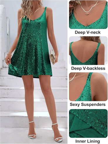 Women's Sequin Dress for Women Sparkly Glitter V Neck Shift Cocktail Disco Outfit Party Club Night Out Mini Dresses in Saudi Arabia