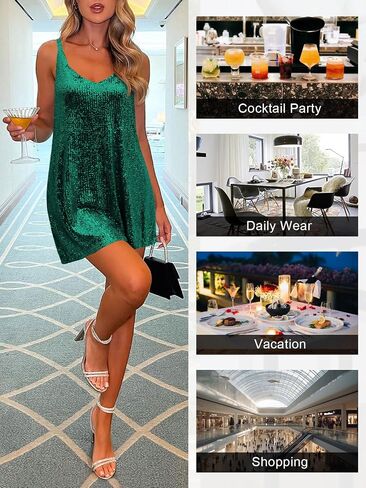 Women's Sequin Dress for Women Sparkly Glitter V Neck Shift Cocktail Disco Outfit Party Club Night Out Mini Dresses in Saudi Arabia