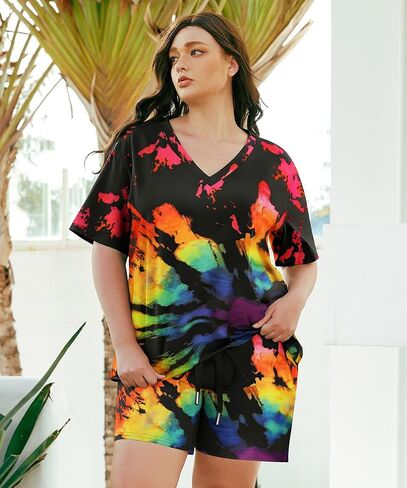 TIYOMI Plus Size 2 Piece Outfits Shorts Sets Sleeve V Neck Casual Sweatsuit Loungewear Pajamas Maternity Spring Summer in Saudi Arabia