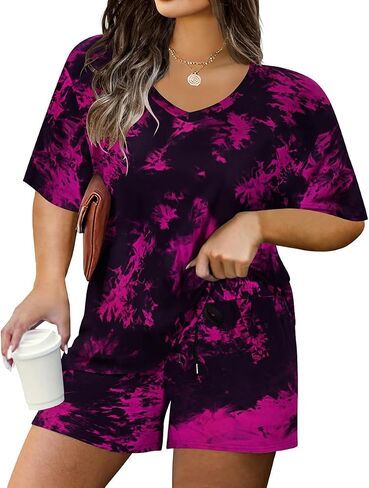 TIYOMI Plus Size 2 Piece Outfits Shorts Sets Sleeve V Neck Casual Sweatsuit Loungewear Pajamas Maternity Spring Summer in Saudi Arabia