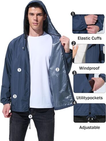 Mens Rain Jacket Raincoat Windbreaker Running Waterproof Lightweight Packable with Hood Travel Hiking Cycling in Kuwait