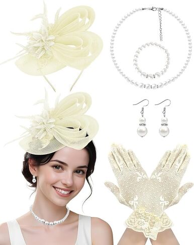 Beige Fascinator and Lace Gloves Set for Women,Feather Floral Hairpiece with Veil Mesh, Tea Party, Spring Cocktail, First Communion Accessories in Kuwait