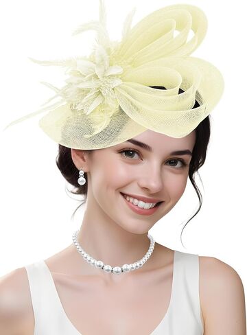 Beige Fascinator and Lace Gloves Set for Women,Feather Floral Hairpiece with Veil Mesh, Tea Party, Spring Cocktail, First Communion Accessories in Kuwait