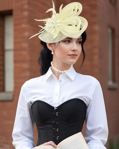 Beige Fascinator and Lace Gloves Set for Women,Feather Floral Hairpiece with Veil Mesh, Tea Party, Spring Cocktail, First Communion Accessories in Kuwait