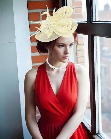 Beige Fascinator and Lace Gloves Set for Women,Feather Floral Hairpiece with Veil Mesh, Tea Party, Spring Cocktail, First Communion Accessories in Kuwait