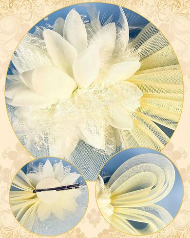 Beige Fascinator and Lace Gloves Set for Women,Feather Floral Hairpiece with Veil Mesh, Tea Party, Spring Cocktail, First Communion Accessories in Kuwait
