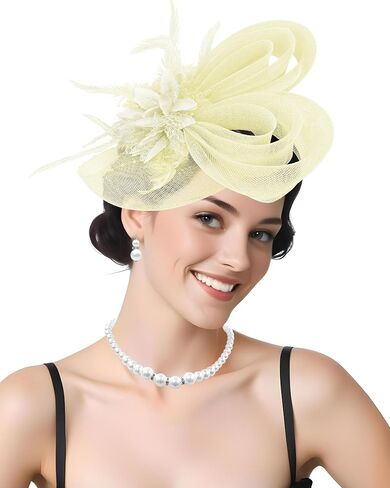 Beige Fascinator and Lace Gloves Set for Women,Feather Floral Hairpiece with Veil Mesh, Tea Party, Spring Cocktail, First Communion Accessories in Kuwait