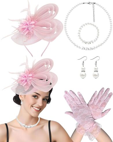 Beige Fascinator and Lace Gloves Set for Women,Feather Floral Hairpiece with Veil Mesh, Tea Party, Spring Cocktail, First Communion Accessories in Kuwait