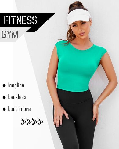 DaiLiWei Workout Tank Tops for Women Open Back Longline Sports Bras Crop Yoga Top Cap Sleeve Gym T Shirts with Built in Bra in Saudi Arabia