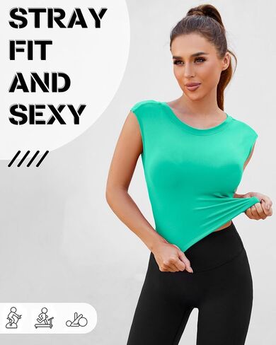 DaiLiWei Workout Tank Tops for Women Open Back Longline Sports Bras Crop Yoga Top Cap Sleeve Gym T Shirts with Built in Bra in Saudi Arabia