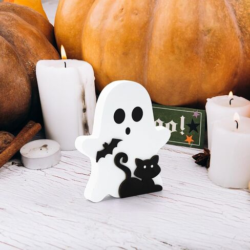 Dohia Cute Ghost Halloween Decorations Wooden Tiered Tray Decor Table Sign Halloween Decor Wooden Ghost Sign for Party Home Shelf Display ST1-YLBJ (Black Cat) in Saudi Arabia