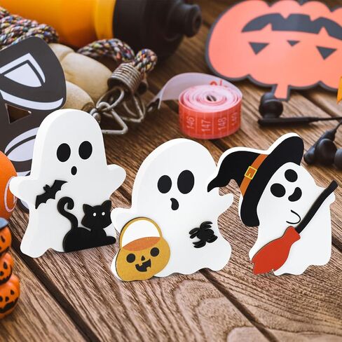 Dohia Cute Ghost Halloween Decorations Wooden Tiered Tray Decor Table Sign Halloween Decor Wooden Ghost Sign for Party Home Shelf Display ST1-YLBJ (Black Cat) in Saudi Arabia