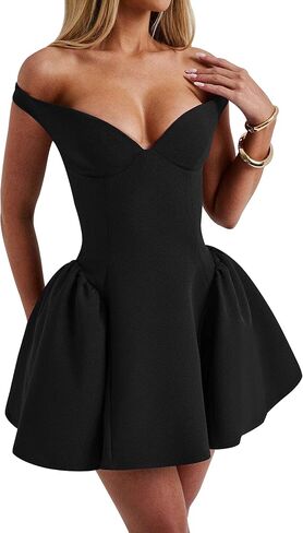 Azhong Women's Summer Sexy V Neck Off Shoulder Wedding Mini Dresses Backless A Line Puffy Hem Prom Party Gown in Kuwait