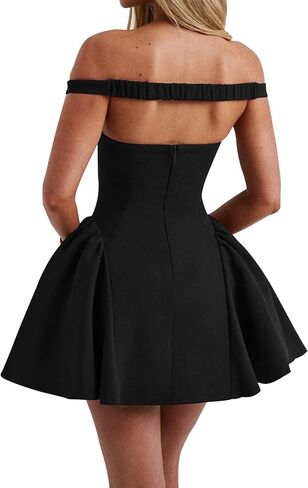 Azhong Women's Summer Sexy V Neck Off Shoulder Wedding Mini Dresses Backless A Line Puffy Hem Prom Party Gown in Kuwait