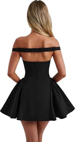 Azhong Women's Summer Sexy V Neck Off Shoulder Wedding Mini Dresses Backless A Line Puffy Hem Prom Party Gown in Kuwait