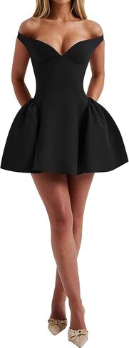 Azhong Women's Summer Sexy V Neck Off Shoulder Wedding Mini Dresses Backless A Line Puffy Hem Prom Party Gown in Kuwait