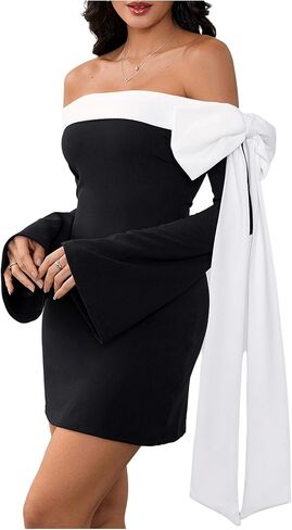 MakeMeChic Women's Off The Shoulder Bell Sleeve Mini Dress Bowknot Cocktail Party Bodycon Dresses in Kuwait