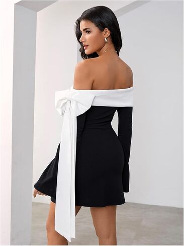 MakeMeChic Women's Off The Shoulder Bell Sleeve Mini Dress Bowknot Cocktail Party Bodycon Dresses in Kuwait