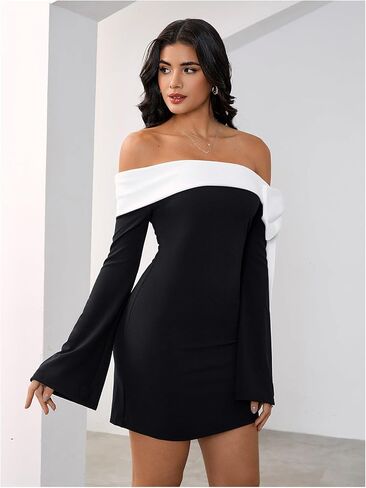 MakeMeChic Women's Off The Shoulder Bell Sleeve Mini Dress Bowknot Cocktail Party Bodycon Dresses in Kuwait