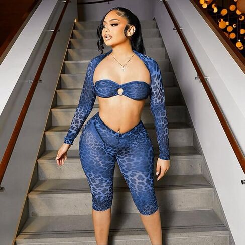 ملابس النادي للنساء Sexy Clubwear 3 قطعة Y2K مسدود انظر من خلال الفهد الطباعة للنساء الخروج 2025 in Kuwait