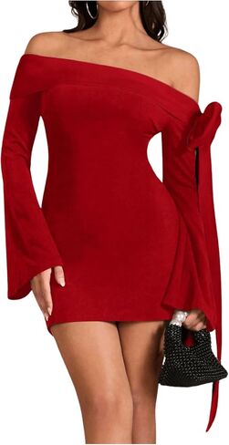 MakeMeChic Women's Off The Shoulder Bell Sleeve Mini Dress Bowknot Cocktail Party Bodycon Dresses in Saudi Arabia