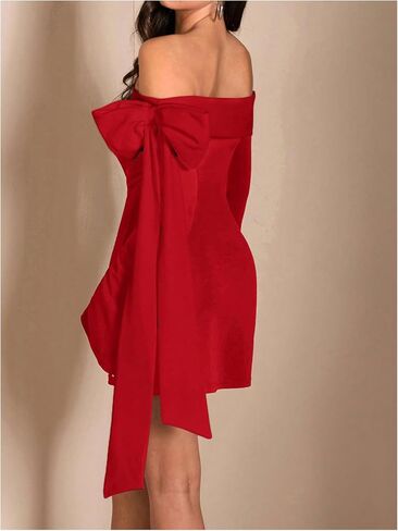 MakeMeChic Women's Off The Shoulder Bell Sleeve Mini Dress Bowknot Cocktail Party Bodycon Dresses in Saudi Arabia