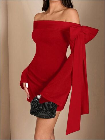 MakeMeChic Women's Off The Shoulder Bell Sleeve Mini Dress Bowknot Cocktail Party Bodycon Dresses in Saudi Arabia