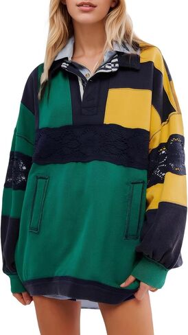 Kedera Women Oversized Sweatshirt Color Block Long Sleeve Polo Shirt Casual V-Neck Stripe Patchwork Lace Pullover Top in Saudi Arabia