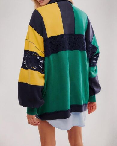 Kedera Women Oversized Sweatshirt Color Block Long Sleeve Polo Shirt Casual V-Neck Stripe Patchwork Lace Pullover Top in Saudi Arabia