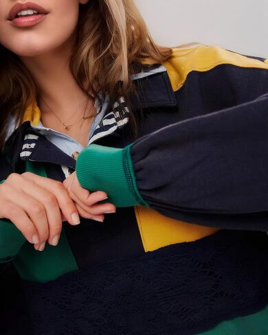 Kedera Women Oversized Sweatshirt Color Block Long Sleeve Polo Shirt Casual V-Neck Stripe Patchwork Lace Pullover Top in Saudi Arabia