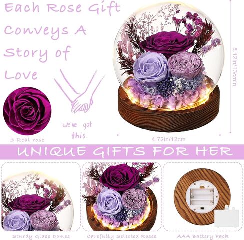 Gifts for Her Preserved Flower Rose in Glass Dome Gifts for Women Mom Wife on Birthday Chrismas,Home Decoration.Purple Light Purple in Kuwait