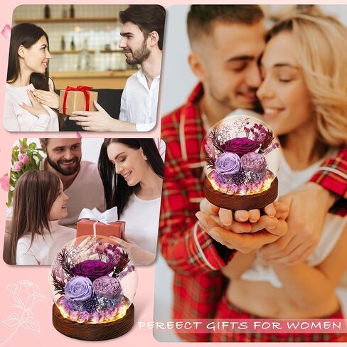 Gifts for Her Preserved Flower Rose in Glass Dome Gifts for Women Mom Wife on Birthday Chrismas,Home Decoration.Purple Light Purple in Kuwait