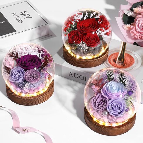 Gifts for Her Preserved Flower Rose in Glass Dome Gifts for Women Mom Wife on Birthday Chrismas,Home Decoration.Purple Light Purple in Kuwait