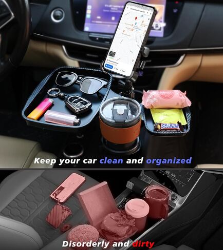 5-in-1 Car Cup Holder Expander with Tray & Phone Holde - All Purpose Food Tray for Car Passenger Seat Tray for Eating & Organize – Perfect for Family Cars, Rvs, Trucks, Work & Travel in Saudi Arabia