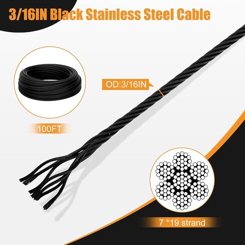 Thickened Black 3/16" Stainless Steel Cable, 250ft Wire Rope, 7X19 Strands Aircraft Cable, 3700lbs Breaking Strength, Zip Line for Heavy Duty Applications, Deck Railing, String Lights & Yard Zipline in Saudi Arabia